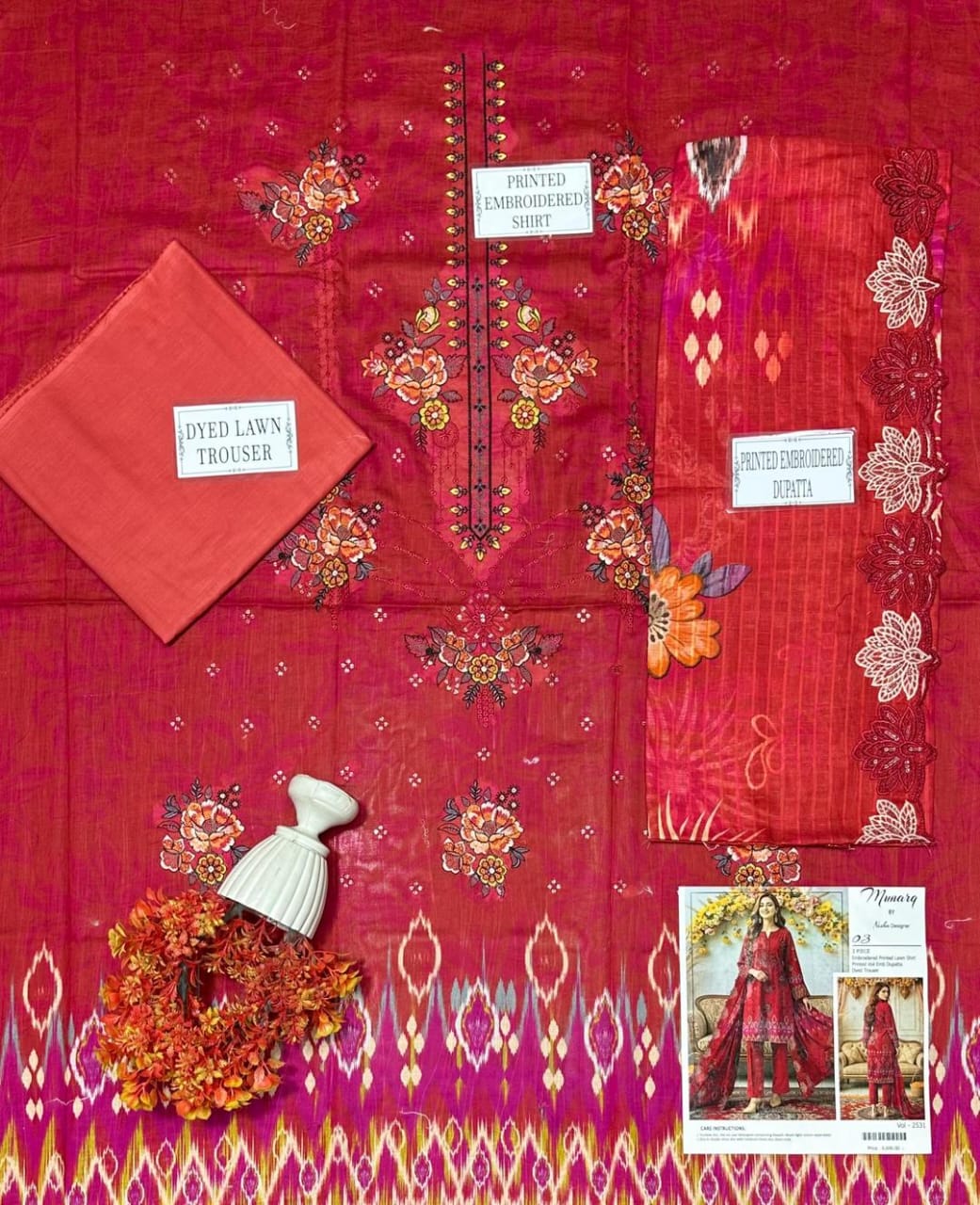 Red Embroidered Dobby Lawn 3-Piece Suit – Unstitched Premium Collection