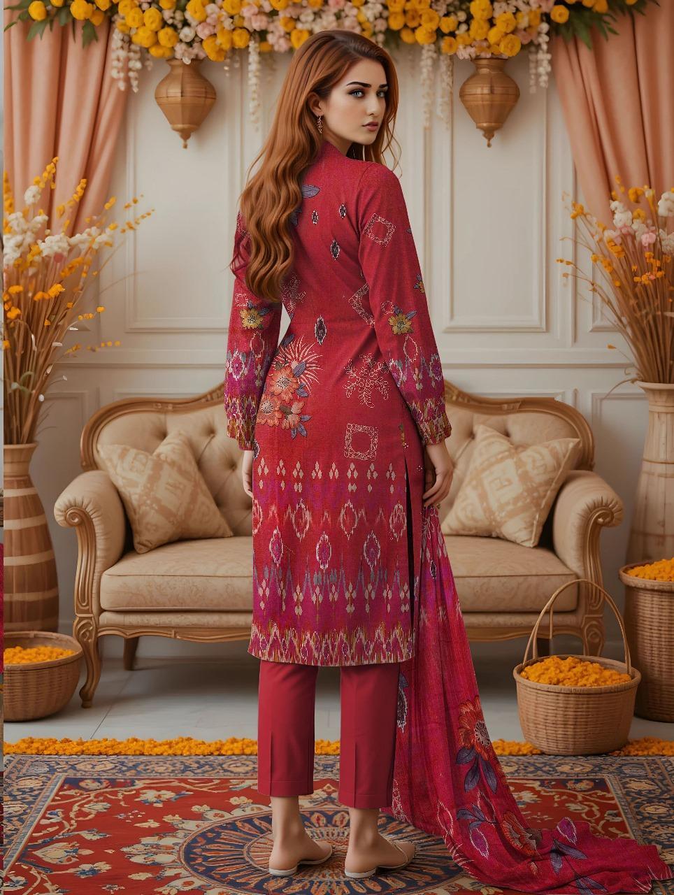 Red Embroidered Dobby Lawn 3-Piece Suit – Unstitched Premium Collection