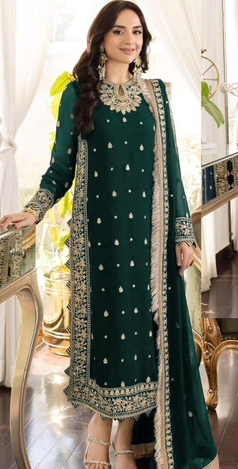 Green Chiffon Embroidered 3-Piece Suit for Women