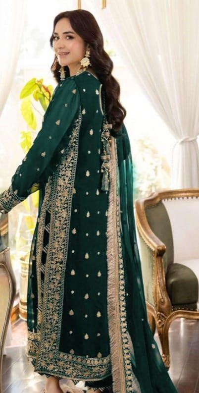 Green Chiffon Embroidered 3-Piece Suit for Women
