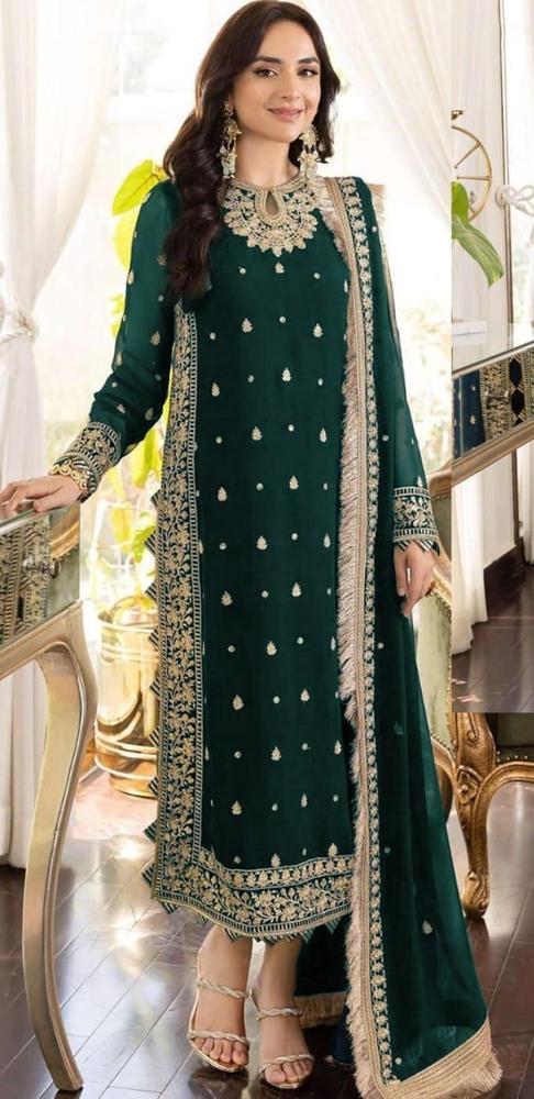 Green Chiffon Embroidered 3-Piece Suit for Women