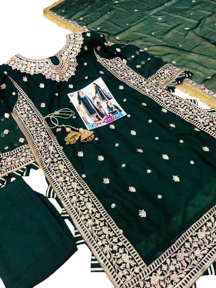 Green Chiffon Embroidered 3-Piece Suit for Women