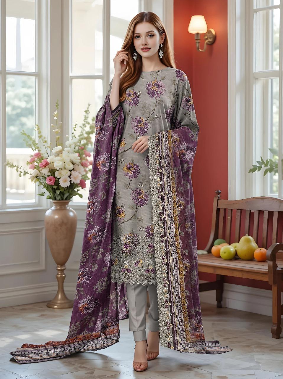 Grey Embroidered Dobby Lawn 3-Piece Suit – Unstitched Luxury Collection
