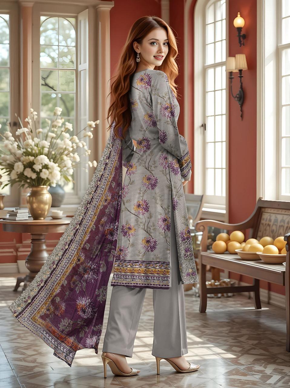 Grey Embroidered Dobby Lawn 3-Piece Suit – Unstitched Luxury Collection