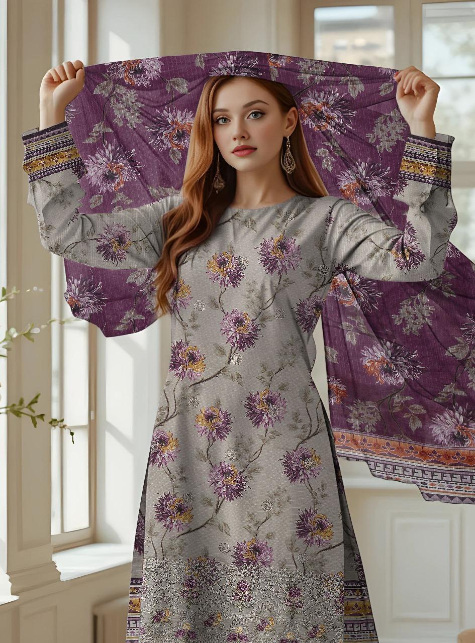 Grey Embroidered Dobby Lawn 3-Piece Suit – Unstitched Luxury Collection