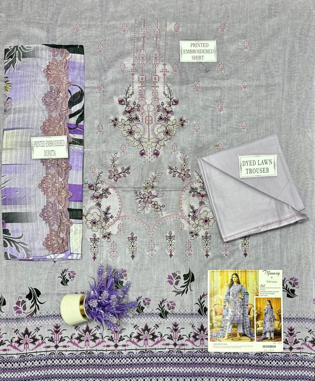 Purple Embroidered 3-Piece Unstitched Lawn Suit for Women .