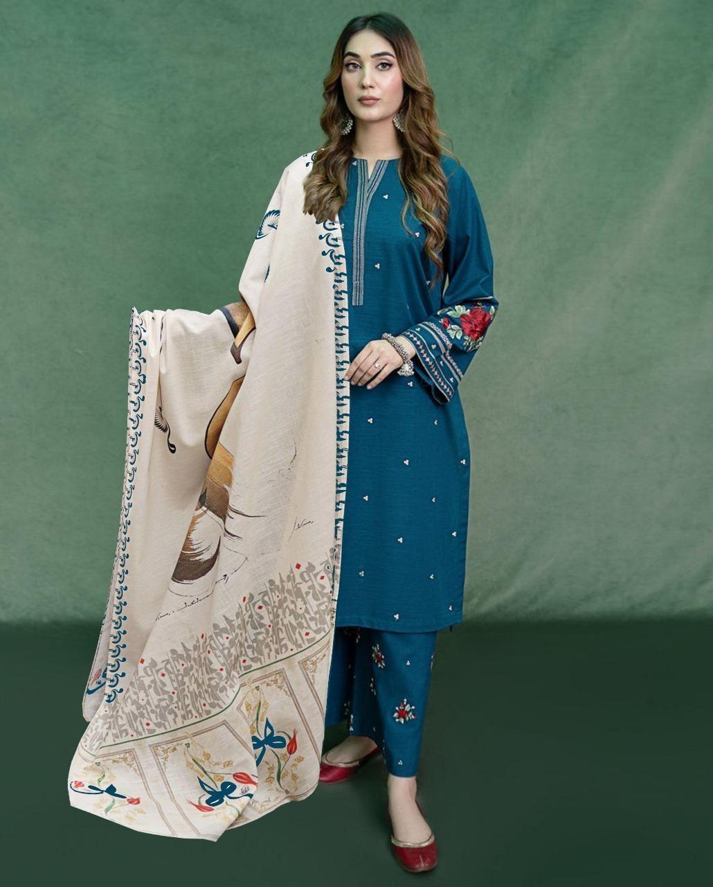 Blue Embroidered Lawn 3-Piece Unstitched Suit with Digital Printed Diamond Dupatta .