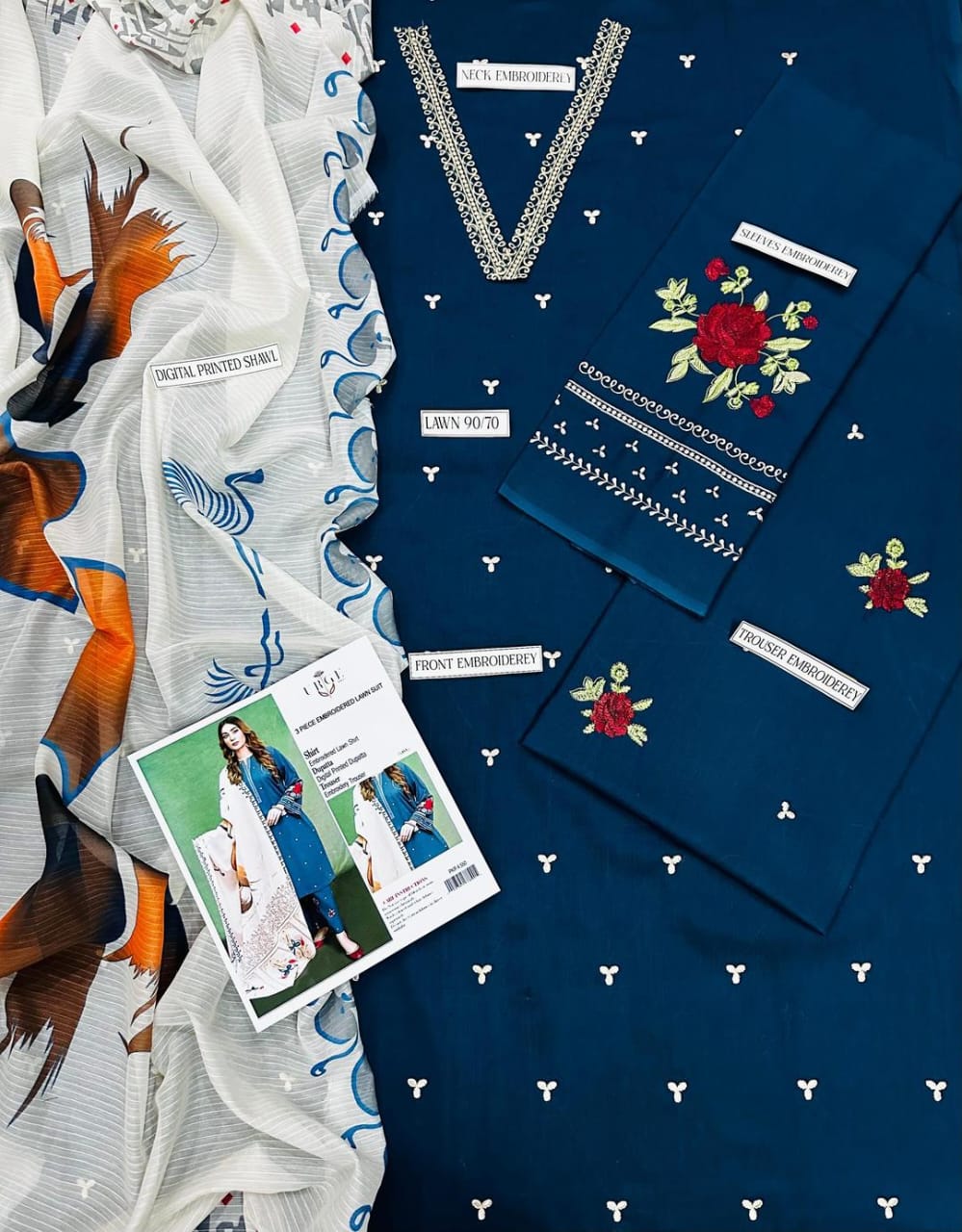 Blue Embroidered Lawn 3-Piece Unstitched Suit with Digital Printed Diamond Dupatta .