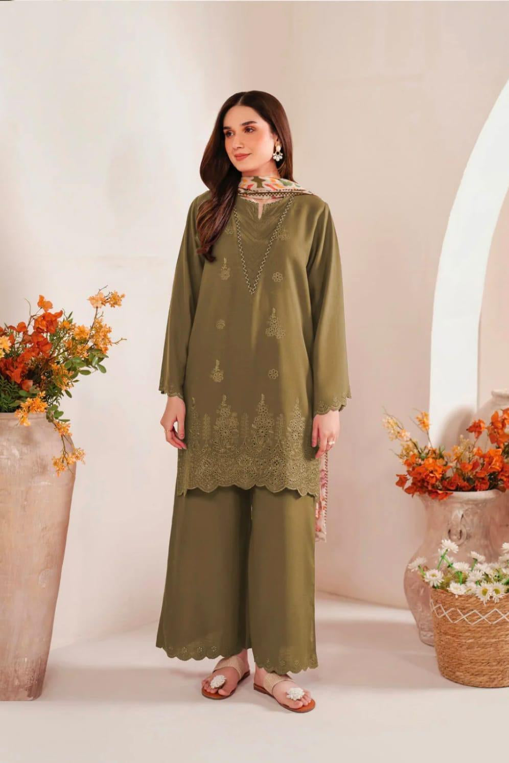 Brown Chikankari Embroidered 3-Piece Lawn Suit with Printed Diamond Dupatta .