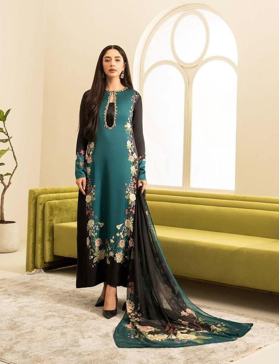 Navy Blue Embroidered Silk 4-Piece Dress