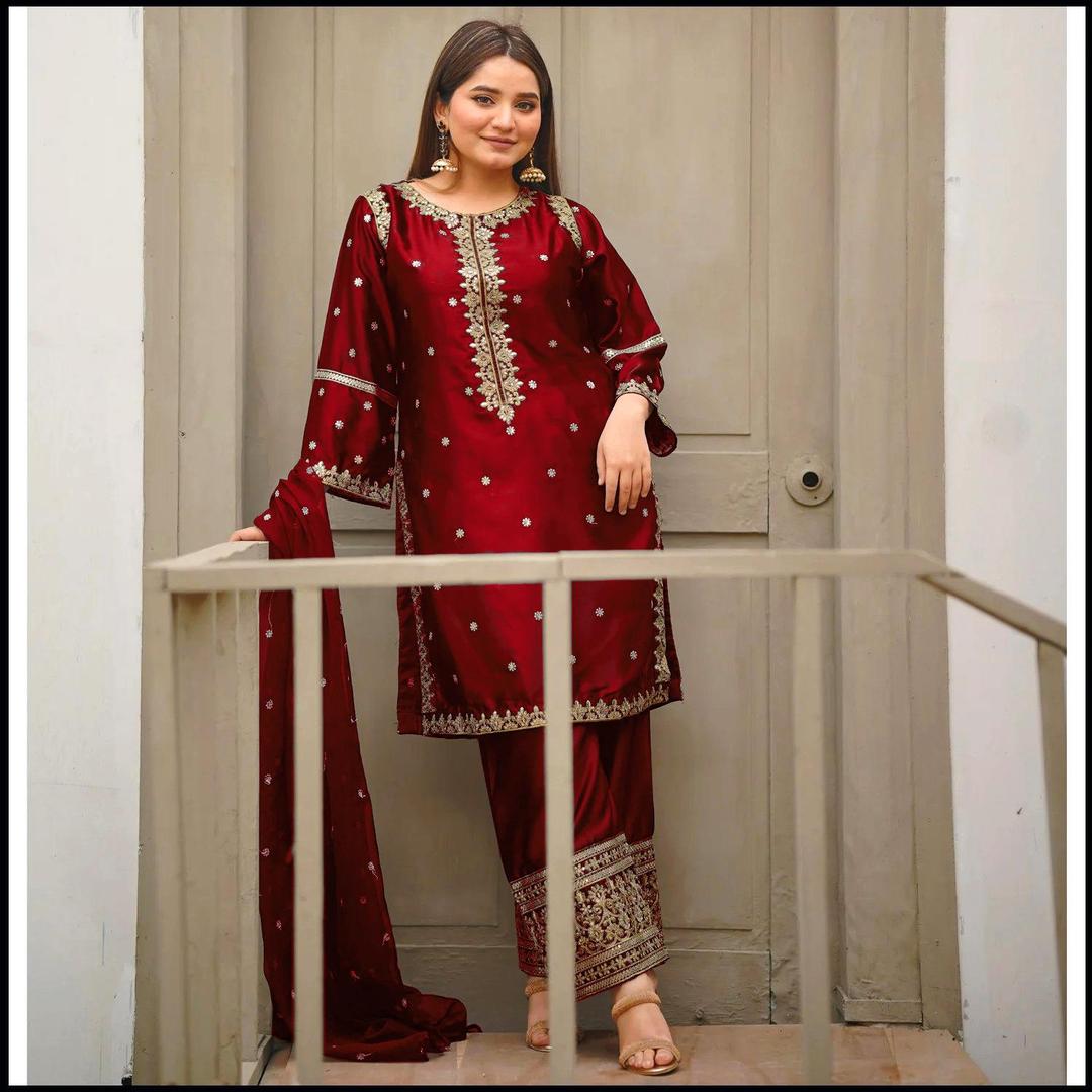 Black Embroidered Shamoz Silk 3-Piece Suit