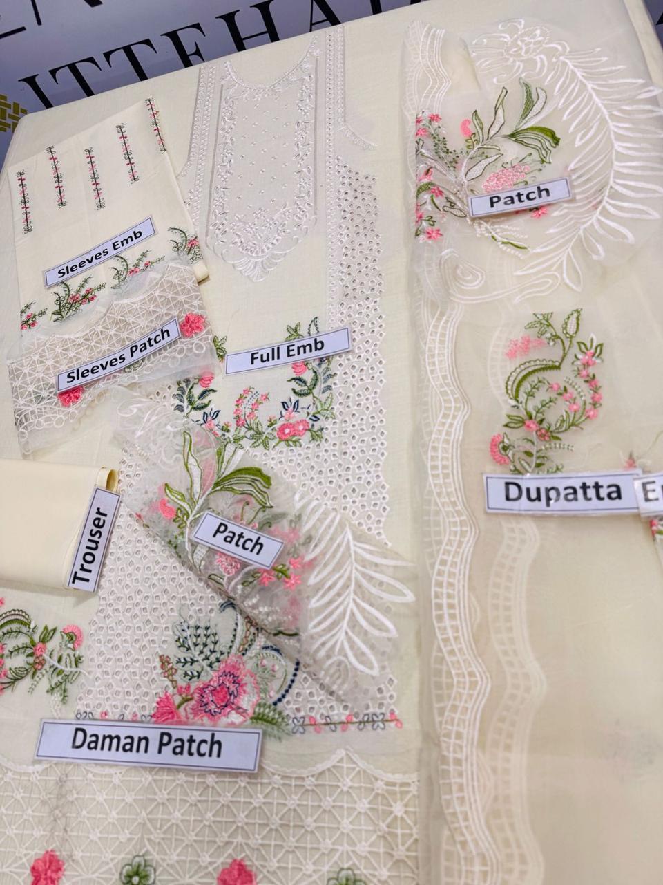 Off-White Chikankari Embroidered Lawn 3-Piece Unstitched Suit with Organza Dupatta .