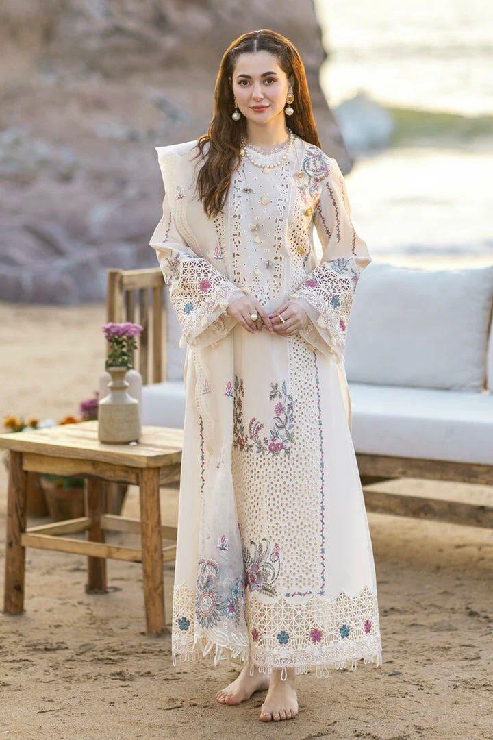 Off-White Chikankari Embroidered Lawn 3-Piece Unstitched Suit with Organza Dupatta .