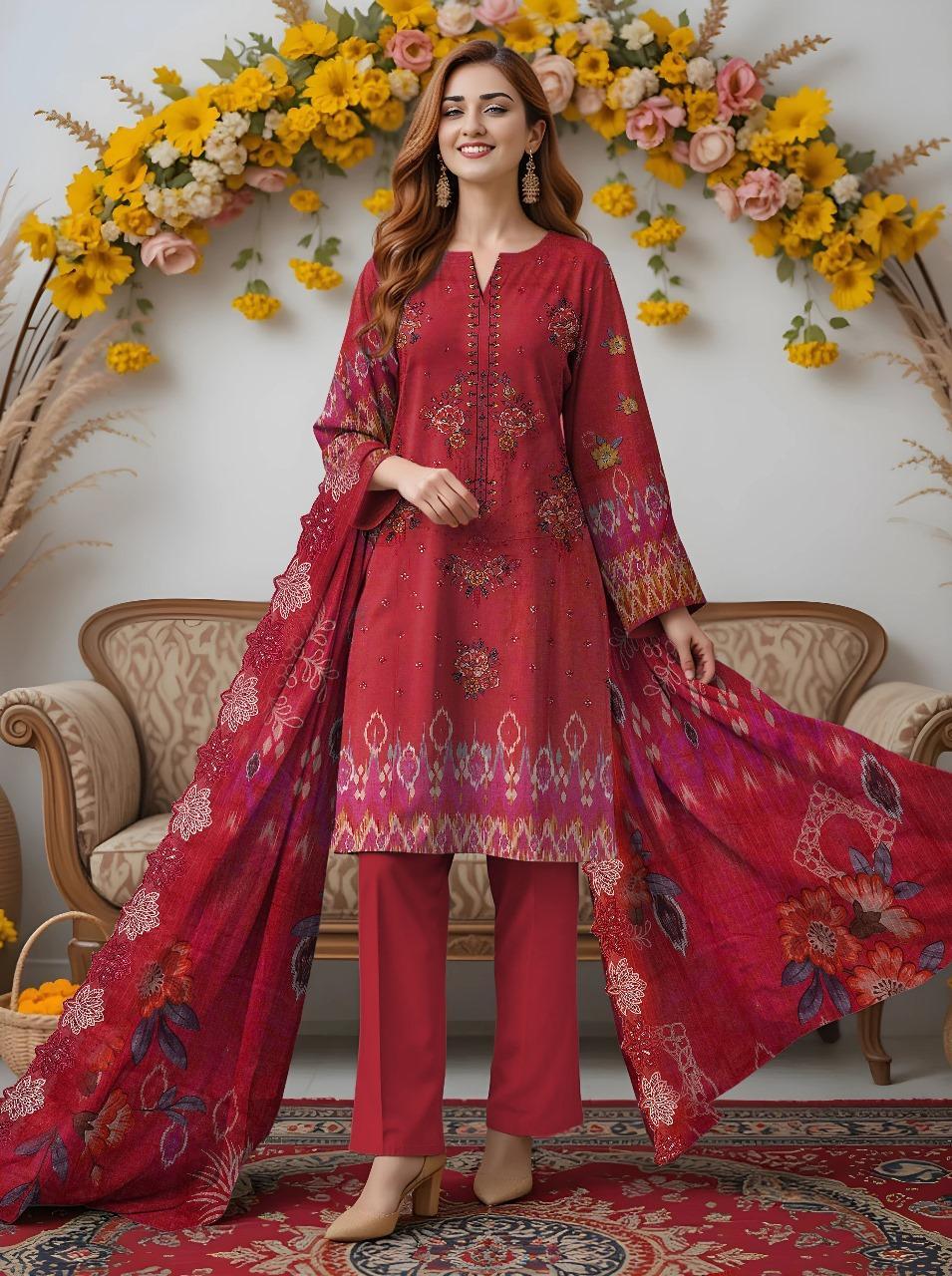Red Embroidered Dobby Lawn 3-Piece Suit – Unstitched Premium Collection