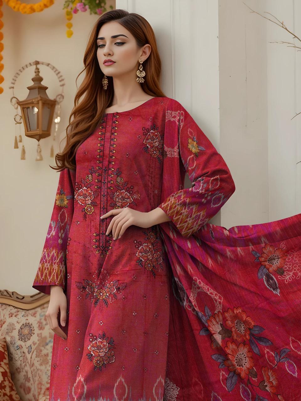 Red Embroidered Dobby Lawn 3-Piece Suit – Unstitched Premium Collection