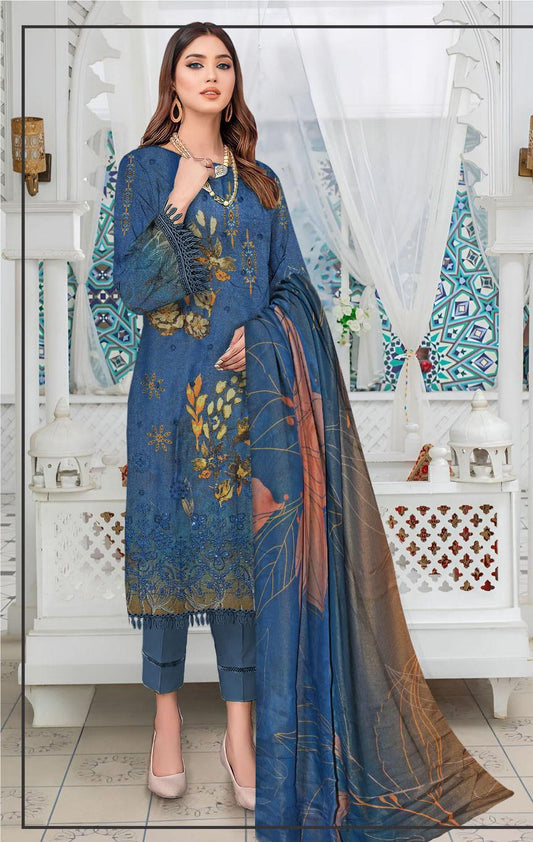 3-Piece Shamery Embroidered Suit with Printed Dupatta – Elegant Blue .