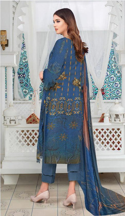 3-Piece Shamery Embroidered Suit with Printed Dupatta – Elegant Blue .