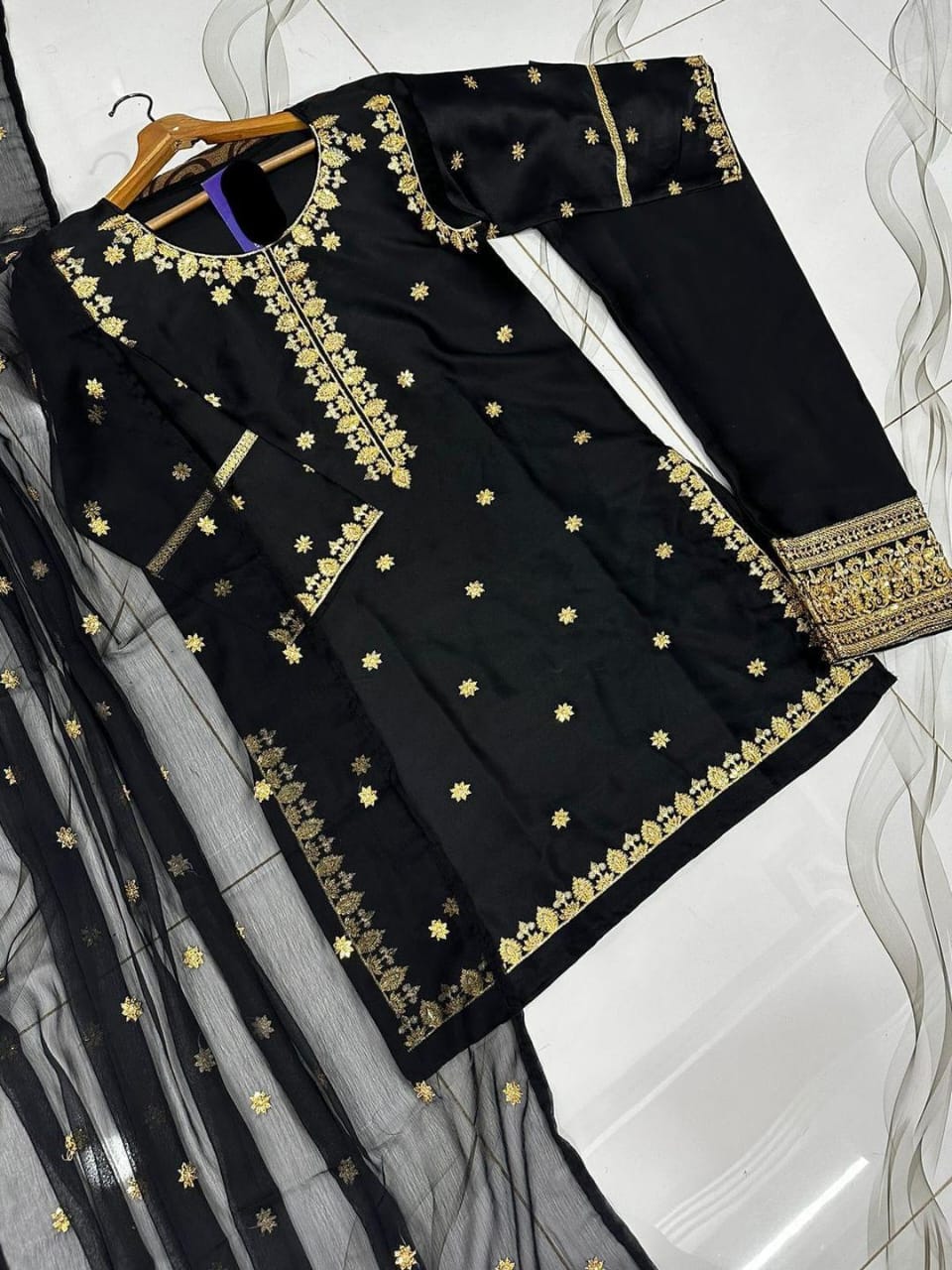 Black Embroidered Shamoz Silk 3-Piece Suit