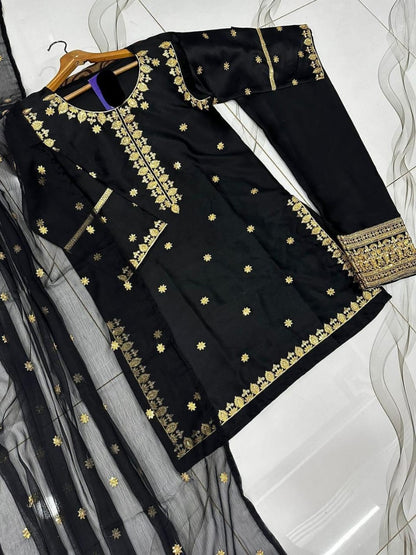 Black Embroidered Shamoz Silk 3-Piece Suit