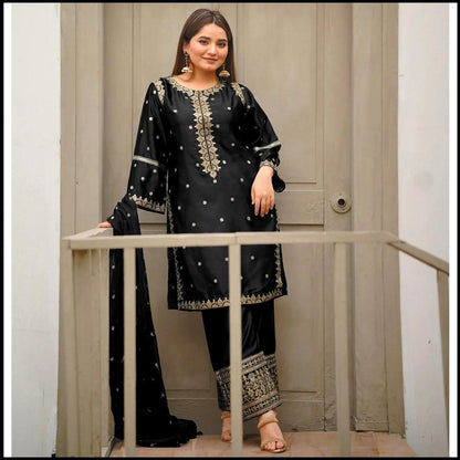 Black Embroidered Shamoz Silk 3-Piece Suit