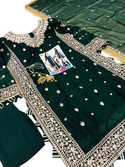Green Chiffon Embroidered 3-Piece Suit for Women