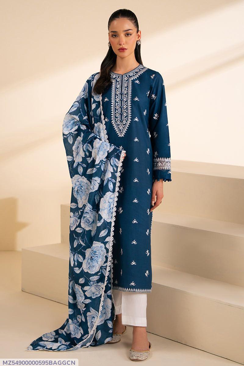 Blue Embroidered Lawn 3-Piece Unstitched Suit with Digital Printed Dupatta .