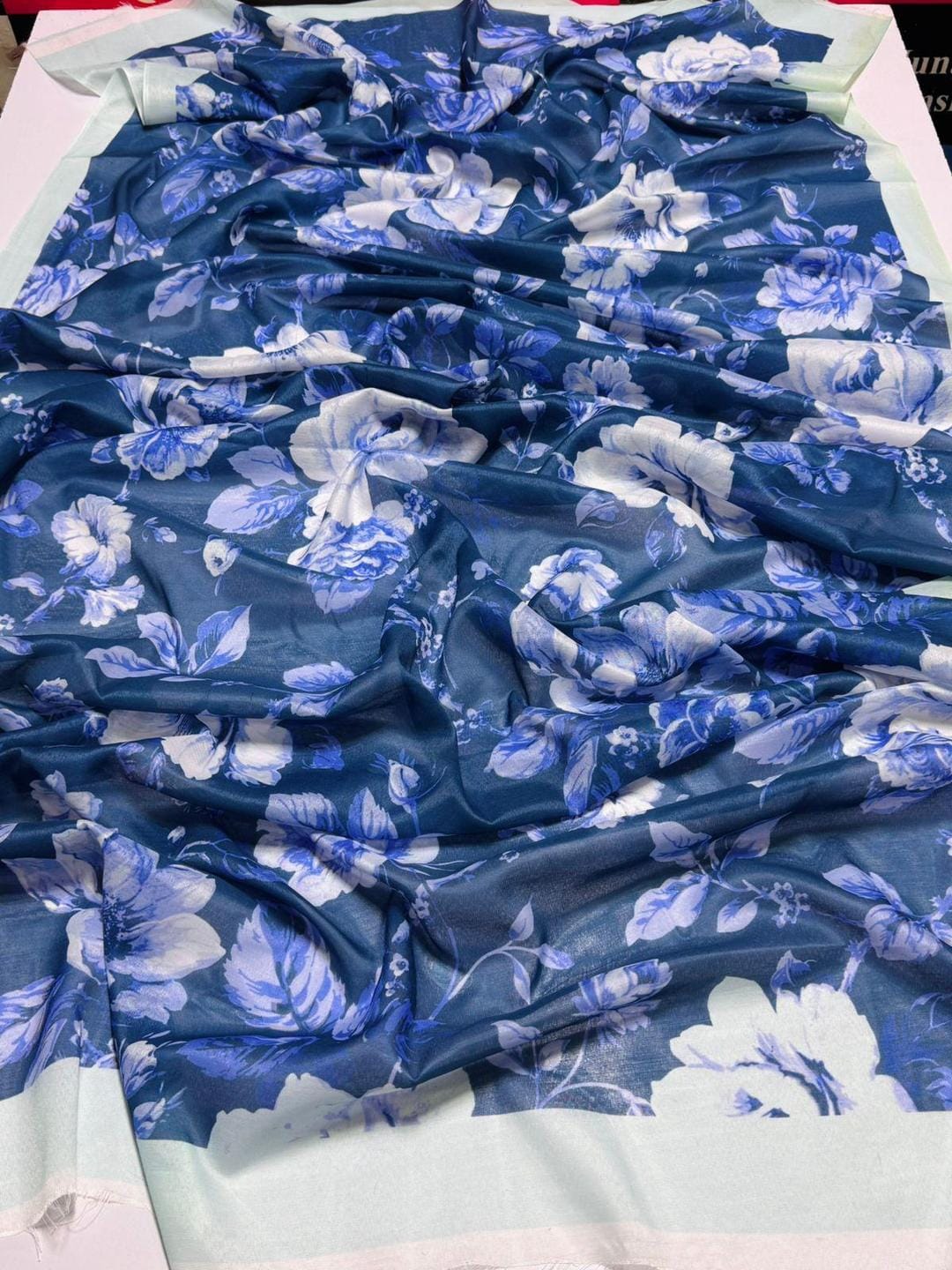 Blue Embroidered Lawn 3-Piece Unstitched Suit with Digital Printed Dupatta .