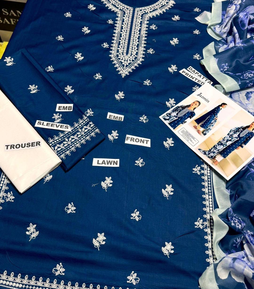 Blue Embroidered Lawn 3-Piece Unstitched Suit with Digital Printed Dupatta .