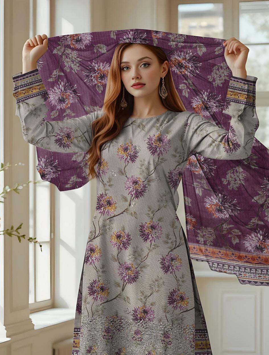 Grey Embroidered Dobby Lawn 3-Piece Suit – Unstitched Luxury Collection