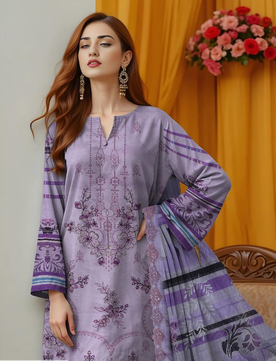 Purple Embroidered 3-Piece Unstitched Lawn Suit for Women .