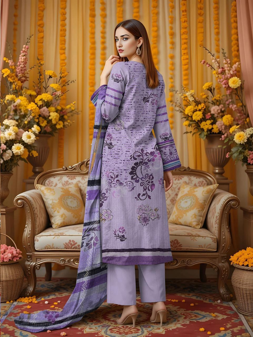 Purple Embroidered 3-Piece Unstitched Lawn Suit for Women .