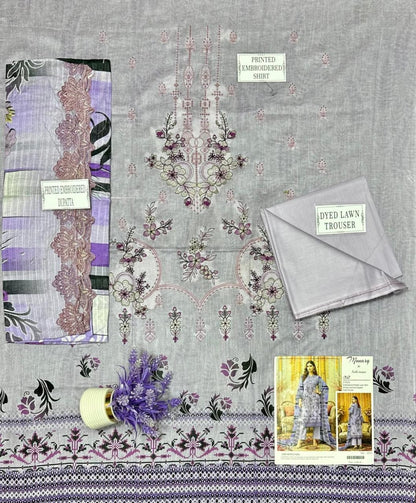 Purple Embroidered 3-Piece Unstitched Lawn Suit for Women .