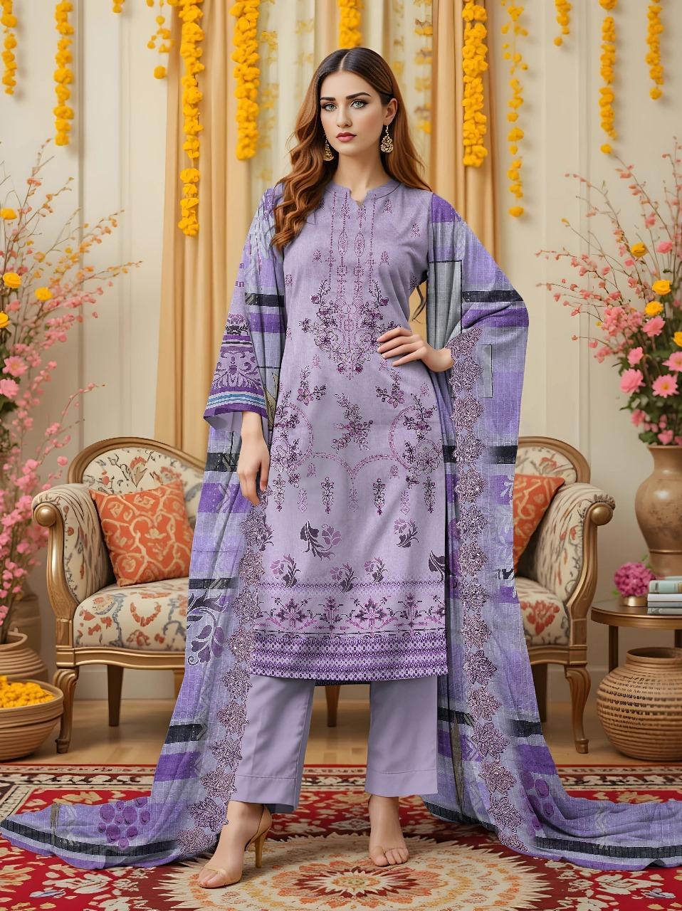 Purple Embroidered 3-Piece Unstitched Lawn Suit for Women .