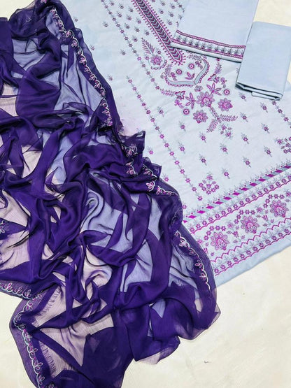 Grey Embroidered Lawn 3-Piece Suit – Chiffon Dupatta | Elegant Summer Wear .