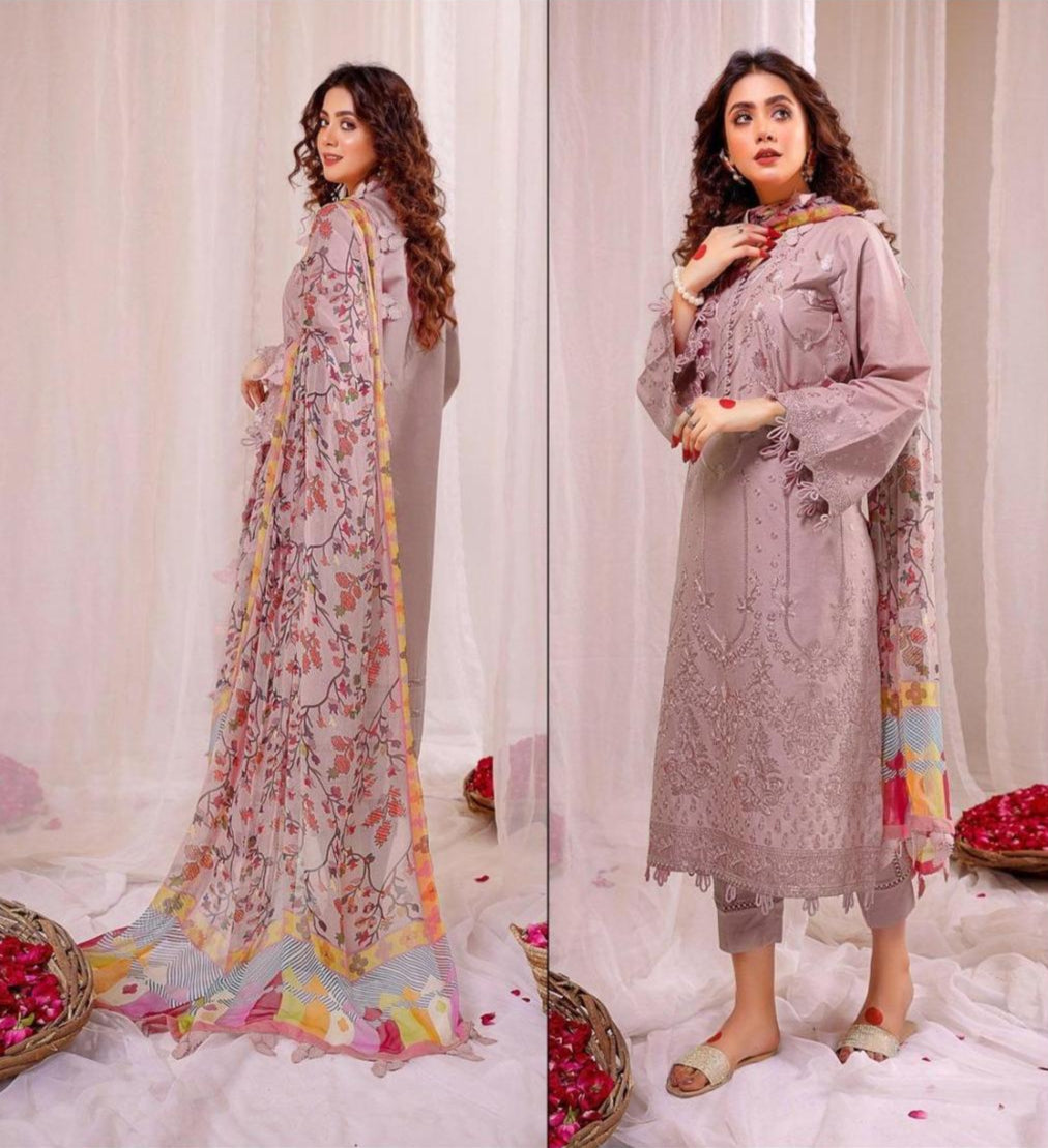Premium 3-Piece Pink Embroidered Lawn unstitched Suit for Women .