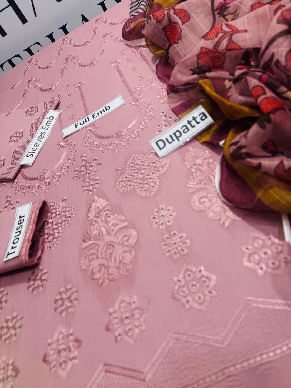 Premium 3-Piece Pink Embroidered Lawn unstitched Suit for Women .