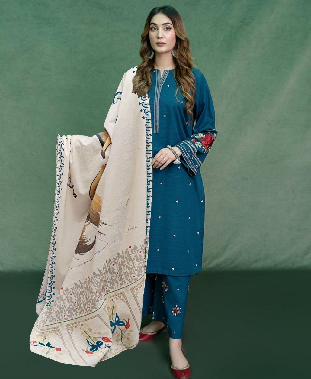 Blue Embroidered Lawn 3-Piece Unstitched Suit with Digital Printed Diamond Dupatta .