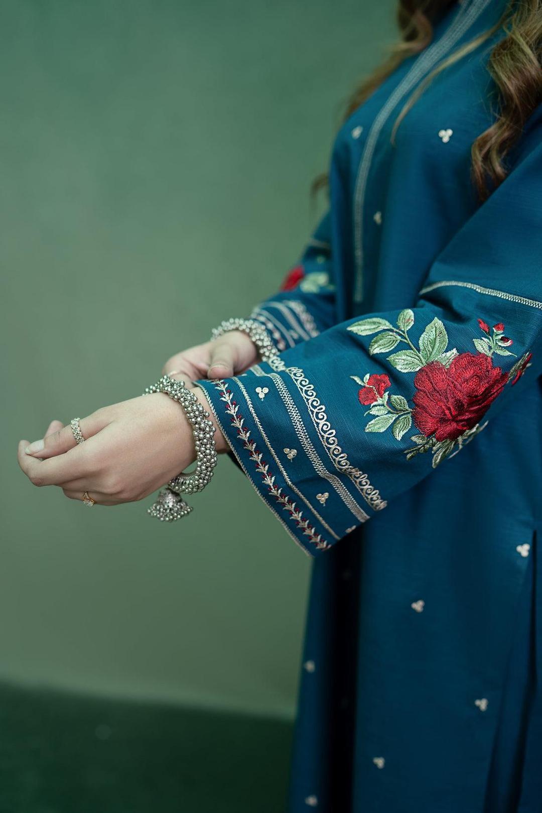 Blue Embroidered Lawn 3-Piece Unstitched Suit with Digital Printed Diamond Dupatta .