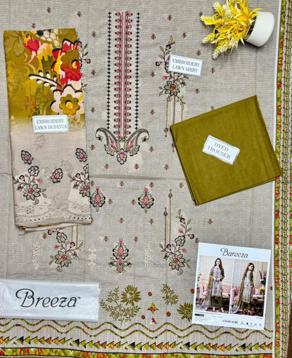 Green Embroidered Dobby Lawn 3-Piece Unstitched Suit with Printed Shirt & Embroidered Dupatta