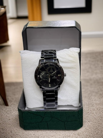 Men’s Black Stainless Steel Chain Strap Watch | Water-Resistant .