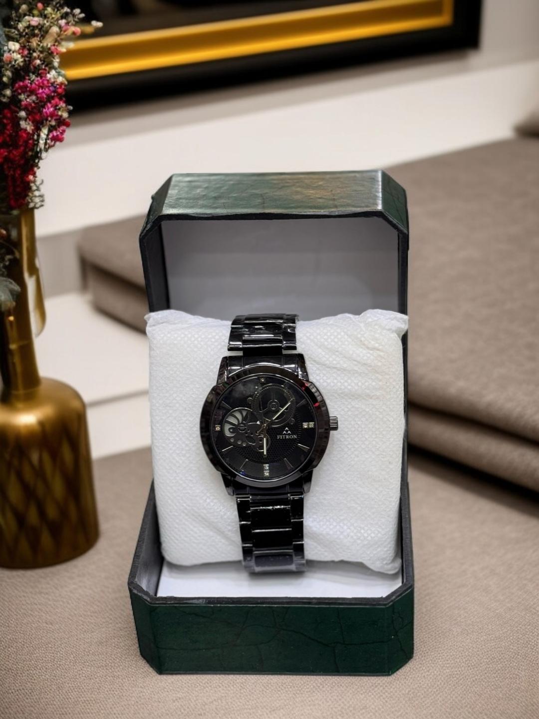 Men’s Black Stainless Steel Chain Strap Watch | Water-Resistant .