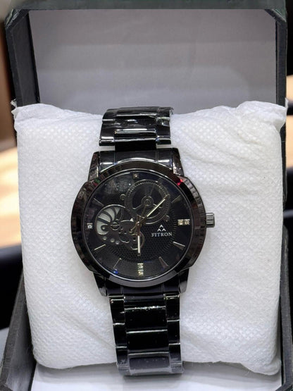 Men’s Black Stainless Steel Chain Strap Watch | Water-Resistant .