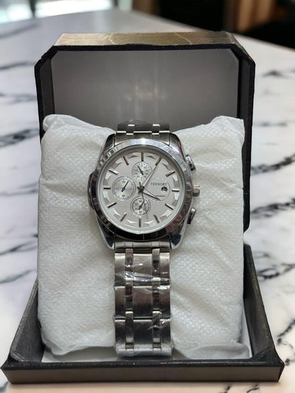 Men’s Silver Quartz Analogue Watch – Steel Chain Strap .