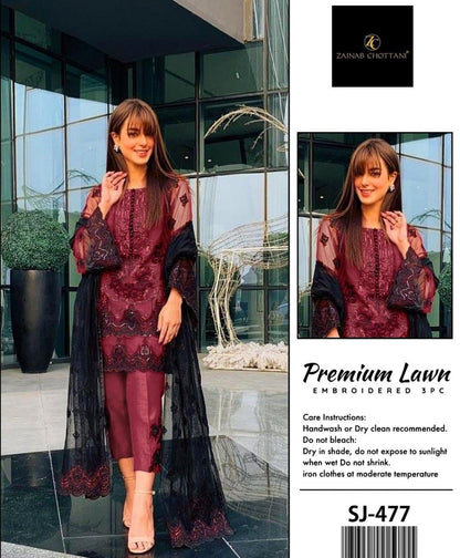 Maroon Sequins Embroidered 3-Piece Lawn Unstitched Suit with Bamber Dupatta .