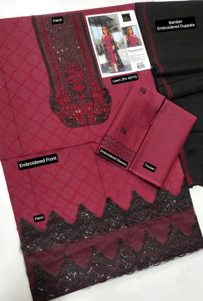 Maroon Sequins Embroidered 3-Piece Lawn Unstitched Suit with Bamber Dupatta .