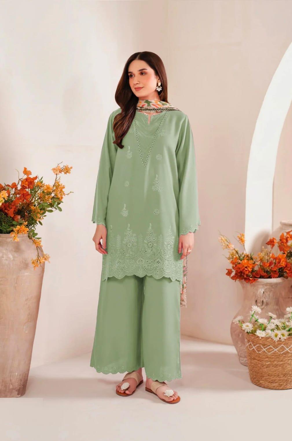 Green Chikankari Embroidered 3-Piece Lawn unstitched Suit with Printed Diamond Dupatta .