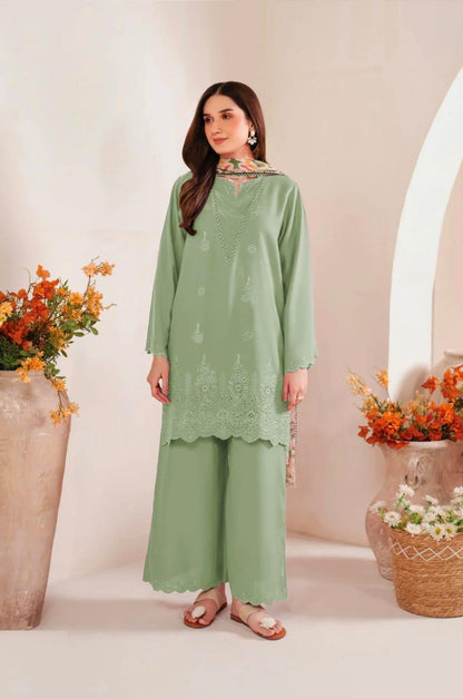 Green Chikankari Embroidered 3-Piece Lawn unstitched Suit with Printed Diamond Dupatta .