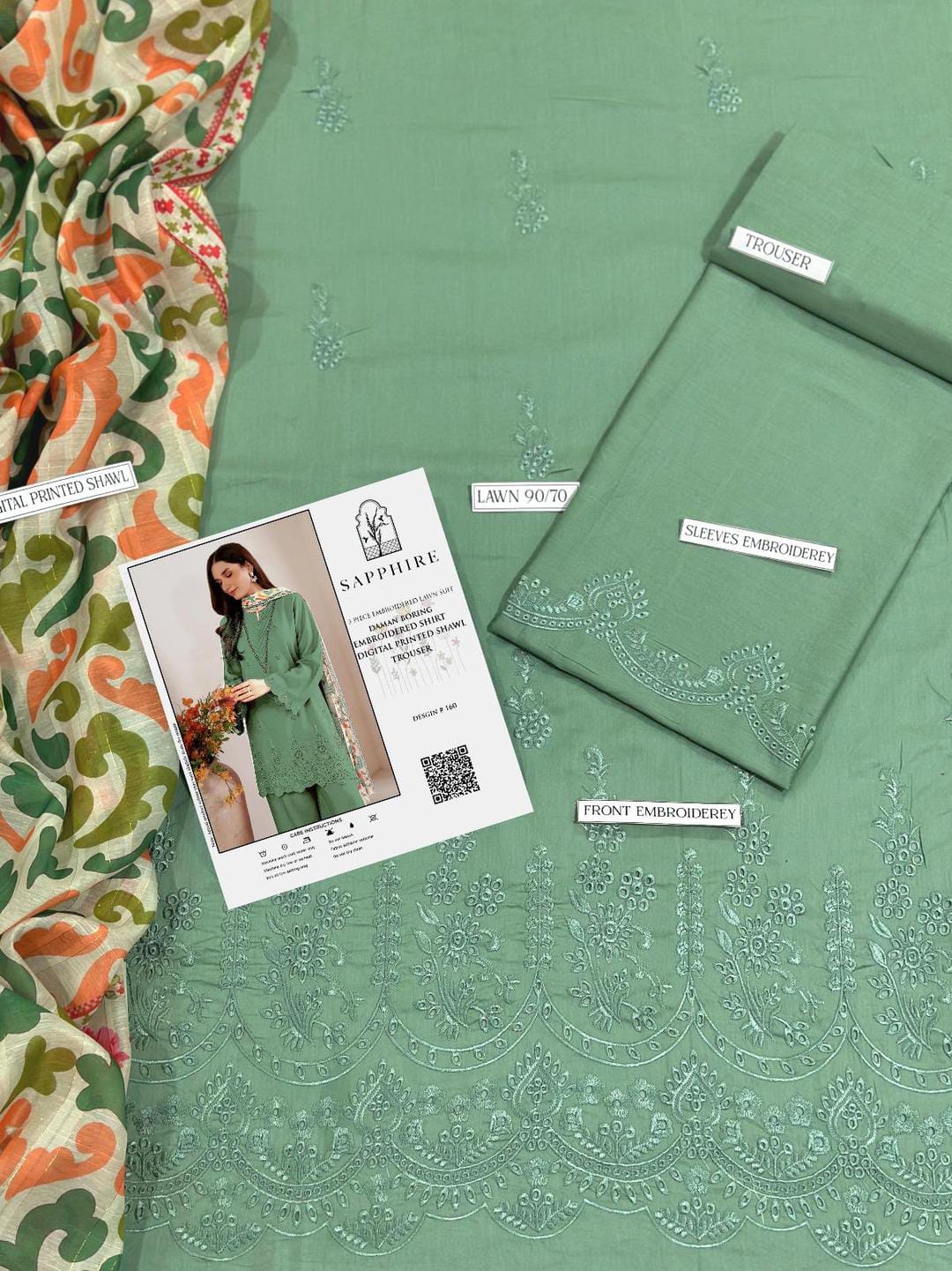 Green Chikankari Embroidered 3-Piece Lawn unstitched Suit with Printed Diamond Dupatta .