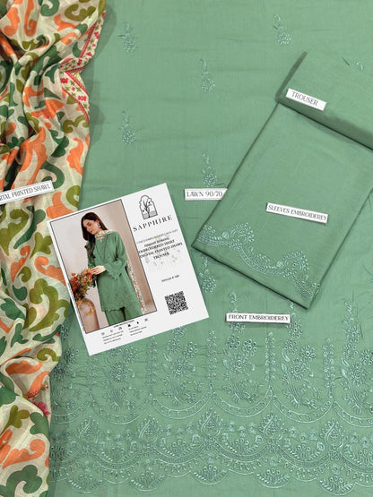 Green Chikankari Embroidered 3-Piece Lawn unstitched Suit with Printed Diamond Dupatta .
