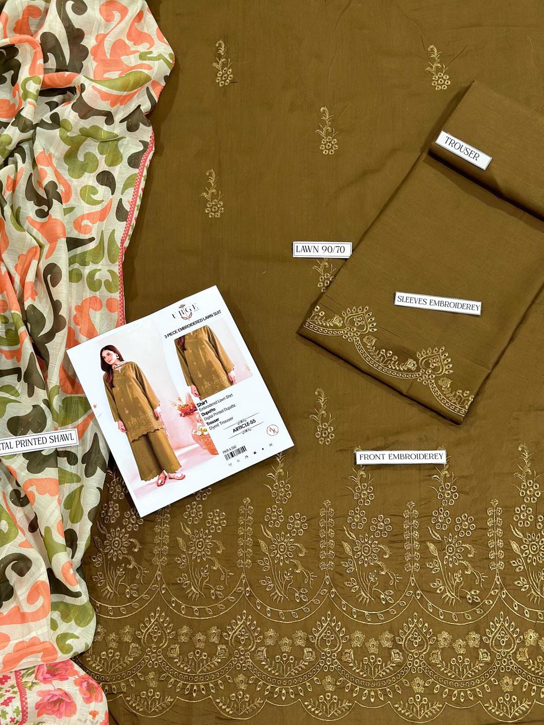 Brown Chikankari Embroidered 3-Piece Lawn Suit with Printed Diamond Dupatta .